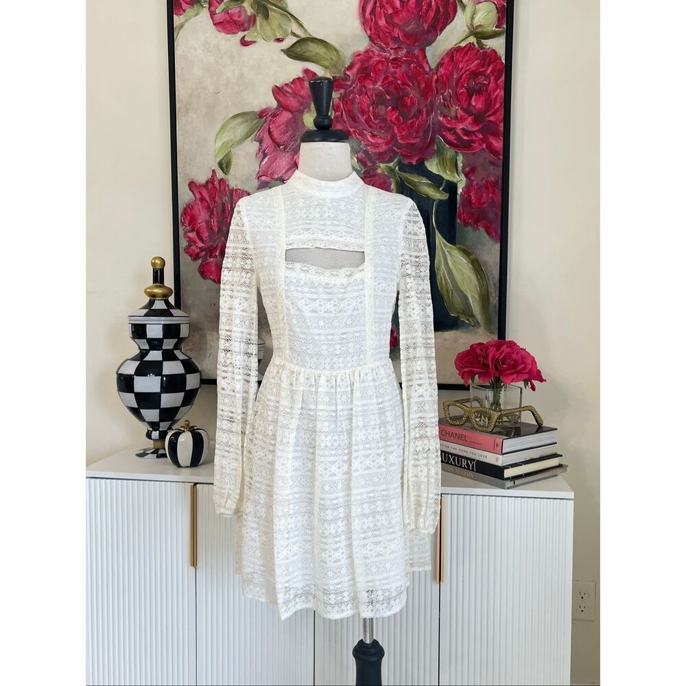 BCBGeneration Women's Lace Peak A Boo Long Sleeve Mini Flare Dress Ivory 6 NWT